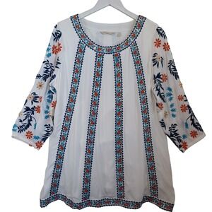 Soft Surroundings Womens White Embroidered Floral Metallic Tunic Top 2EM37 Med